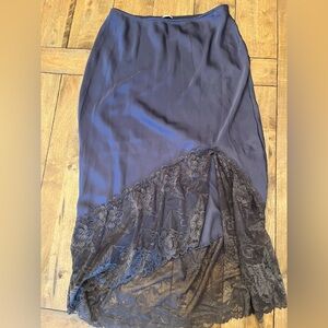 Free People Lace-Trim High-Low Satin Skirt in Navy